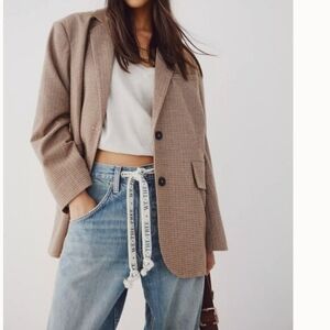 We The Free Free People Plaid Oversized Boyfriend Fit Linen Blend Blazer Size M